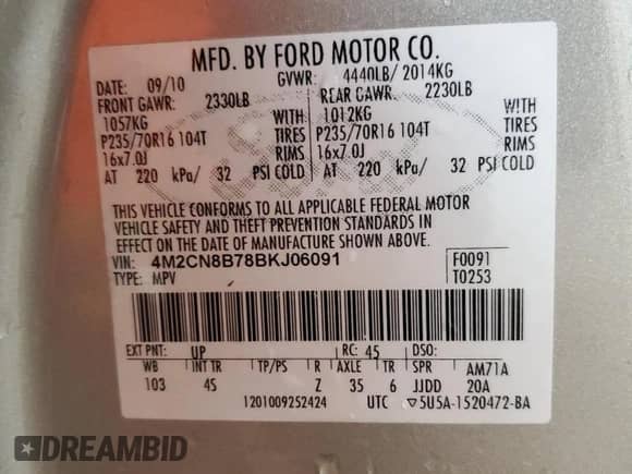 2011 Mercury Mariner z VIN 4M2CN8B78BKJ06091, wystawiony jako Copart lot #55331835 z przebiegiem 167 484 mil mil oraz Czysty tytuł • Clean title. Historia ofert i sprzedaży dostępna na DreamBid. Obrazek 14.