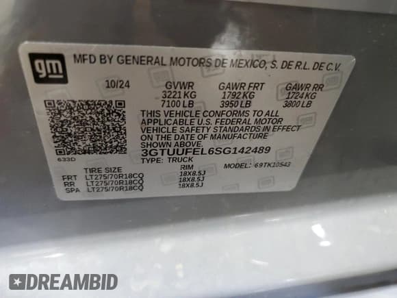 ✅ 2025 GMC Sierra 1500 AT4X • VIN: 3GTUUFEL6SG142489 • Лот: 82384575. Опубликован ранее на Copart с пробегом 21 698 миль. Бесплатный доступ к архиву аукционных продаж из США и подробный отчёт об истории автомобиля на DreamBid. Изображение 13.