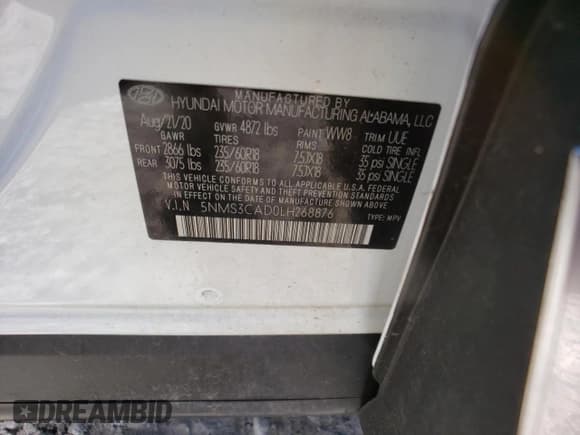 ✅ 2020 Hyundai Santa Fe SEL • VIN: 5NMS3CAD0LH268876 • Lot: 72775793. Wystawiony na Copart z przebiegiem 59 776 mil. Bezpłatny archiwum sprzedaży aukcyjnych z USA i szczegółowy raport historii pojazdu na DreamBid. Zdjęcie 12.