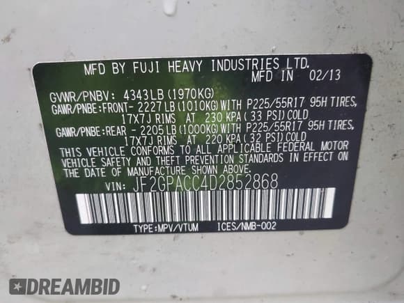 ✅ 2013 Subaru Crosstrek Premium • VIN: JF2GPACC4D2852868 • Lot: 43601722. Listed on IAAI with 103,590 mi. Free auction sales archive from the USA and detailed vehicle history report at DreamBid. Image 9.