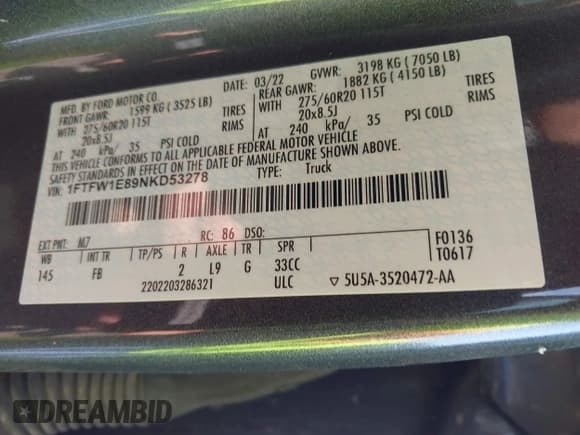 ✅ 2022 Ford F-150 XL • VIN: 1FTFW1E89NKD53278 • Lot: 43265934. Wystawiony na IAAI z przebiegiem 92 960 mil. Bezpłatny archiwum sprzedaży aukcyjnych z USA i szczegółowy raport historii pojazdu na DreamBid. Zdjęcie 8.