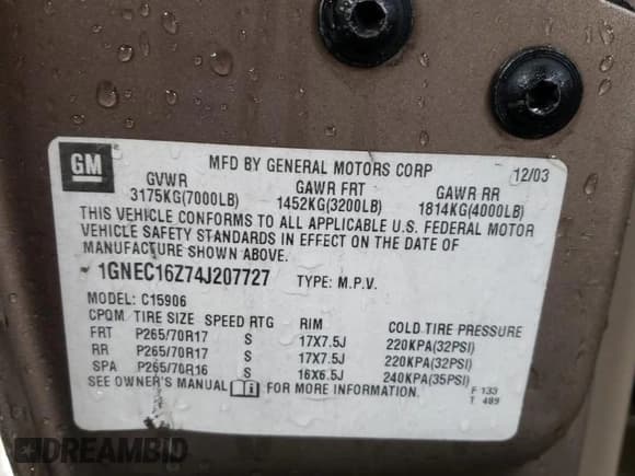 ✅ 2004 Chevrolet Suburban LS • VIN: 1GNEC16Z74J207727 • Лот: 81722614. Опубликован ранее на Copart с пробегом 361 781 миль. Бесплатный доступ к архиву аукционных продаж из США и подробный отчёт об истории автомобиля на DreamBid. Изображение 13.