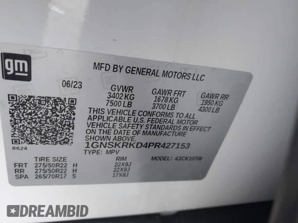 2023 Chevrolet Tahoe RST with VIN 1GNSKRKD4PR427153, listed as a IAAI auction lot 41906796 with 23,113 mi miles and . Bid and sale history available at DreamBid. Image 9.