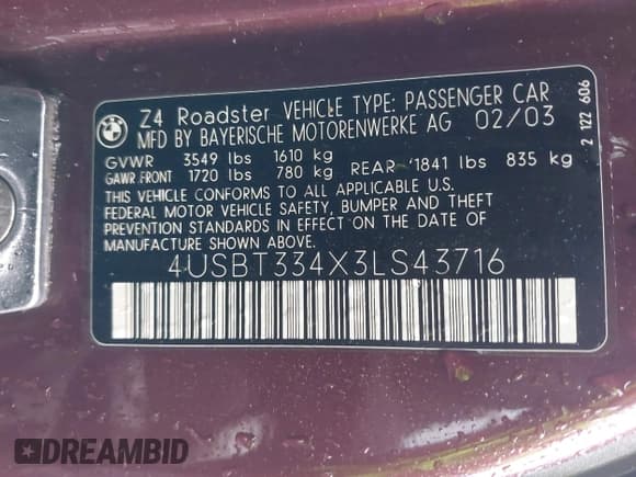 ✅ 2003 BMW Z4 2.5i • VIN: 4USBT334X3LS43716 • Lot: 43605538. Wystawiony na IAAI z przebiegiem 213 396 mil. Bezpłatny archiwum sprzedaży aukcyjnych z USA i szczegółowy raport historii pojazdu na DreamBid. Zdjęcie 9.