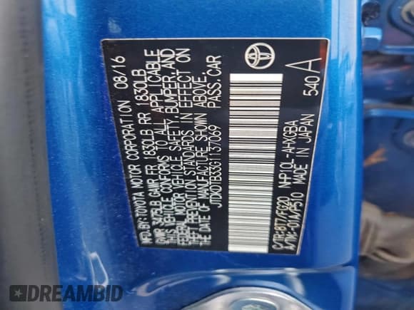 ✅ 2016 Toyota Prius One • VIN: JTDKDTB33G1137069 • Lot: 94317995. Listed on Copart with Not provided. Free auction sales archive from the USA and detailed vehicle history report at DreamBid. Image 13.