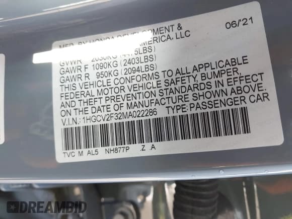 ✅ 2021 Honda Accord Sport • VIN: 1HGCV2F32MA022286 • Lot: 43834831. Listed on IAAI with 63,682 mi. Free auction sales archive from the USA and detailed vehicle history report at DreamBid. Image 9.