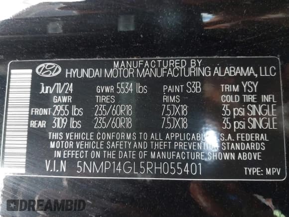 ✅ 2024 Hyundai Santa Fe SE • VIN: 5NMP14GL5RH055401 • Lot: 41144151. Listed on IAAI with 7,694 mi. Free auction sales archive from the USA and detailed vehicle history report at DreamBid. Image 9.