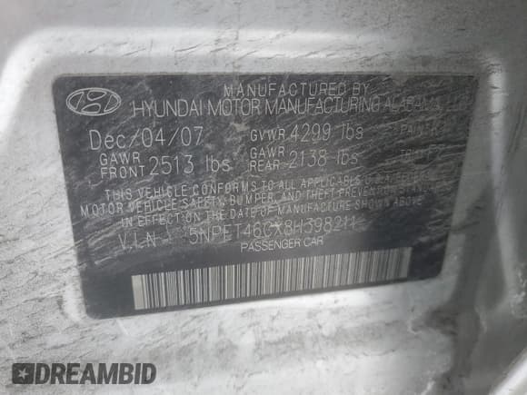 ✅ 2008 Hyundai Sonata GLS • VIN: 5NPET46CX8H398211 • Лот: 86119664. Опубликован ранее на Copart с пробегом 174 917 миль. Бесплатный доступ к архиву аукционных продаж из США и подробный отчёт об истории автомобиля на DreamBid. Изображение 12.