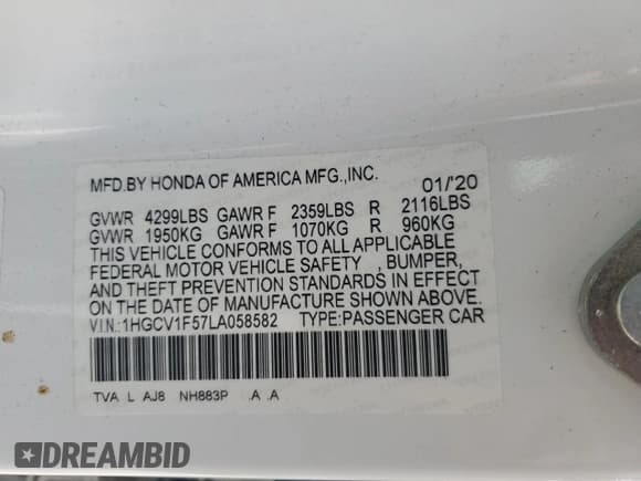 ✅ 2020 Honda Accord EX-L • VIN: 1HGCV1F57LA058582 • Лот: 59039735. Опубликован ранее на Copart с пробегом Не указан. Бесплатный доступ к архиву аукционных продаж из США и подробный отчёт об истории автомобиля на DreamBid. Изображение 12.