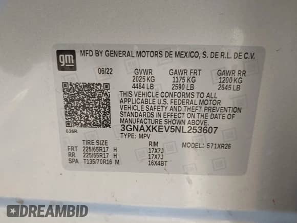 2022 Chevrolet Equinox LT z VIN 3GNAXKEV5NL253607, wystawiony jako IAAI lot #43227377 z przebiegiem 37 421 mil mil oraz . Historia ofert i sprzedaży dostępna na DreamBid. Obrazek 9.