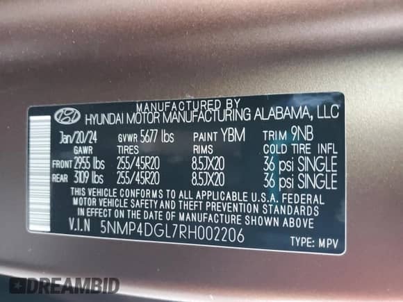 2024 Hyundai Santa Fe Limited с VIN 5NMP4DGL7RH002206, выставлен на аукционе Copart как лот 88540045 с пробегом 14 858 миль миль и Списание • Salvage title. История ставок и продаж доступна на DreamBid. Изображение 13.