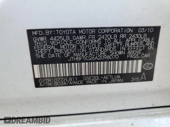 ✅ 2010 Lexus IS 250 • VIN: JTHBF5C26A2098070 • Lot: 59166635. Listed on Copart with 134,193 mi. Free auction sales archive from the USA and detailed vehicle history report at DreamBid. Image 12.