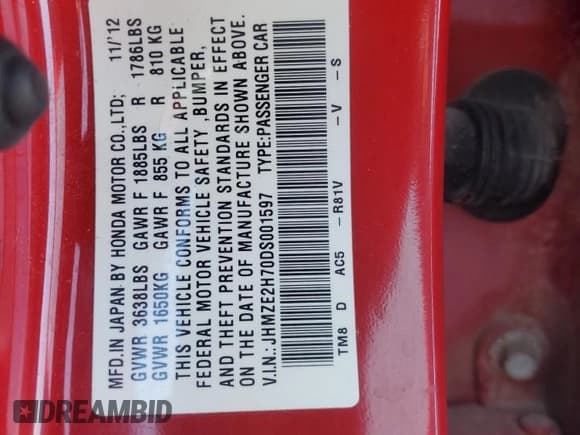 ✅ 2013 Honda Insight EX • VIN: JHMZE2H70DS001597 • Lot: 85817915. Listed on Copart with 67,521 mi. Free auction sales archive from the USA and detailed vehicle history report at DreamBid. Image 13.