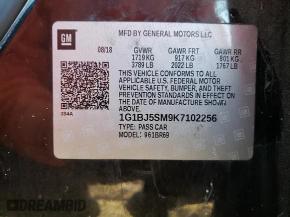 ✅ 2019 Chevrolet Cruze • VIN: 1G1BJ5SM9K7102256 • Lot: 44349443. Listed on Copart with 59,852 mi. Free auction sales archive from the USA and detailed vehicle history report at DreamBid. Image 12.