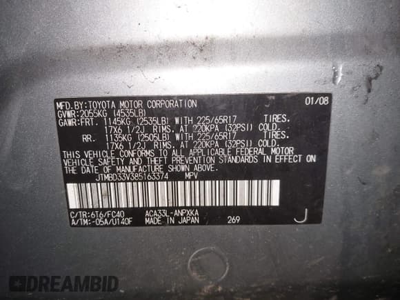 ✅ 2008 Toyota RAV4 • VIN: JTMBD33V385163374 • Lot: 43685693. Listed on IAAI with 155,391 mi. Free auction sales archive from the USA and detailed vehicle history report at DreamBid. Image 9.