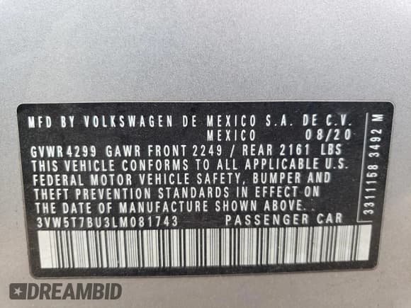 ✅ 2020 Volkswagen Jetta S • VIN: 3VW5T7BU3LM081743 • Lot: 71840403. Listed on Copart with 55,222 mi. Free auction sales archive from the USA and detailed vehicle history report at DreamBid. Image 12.