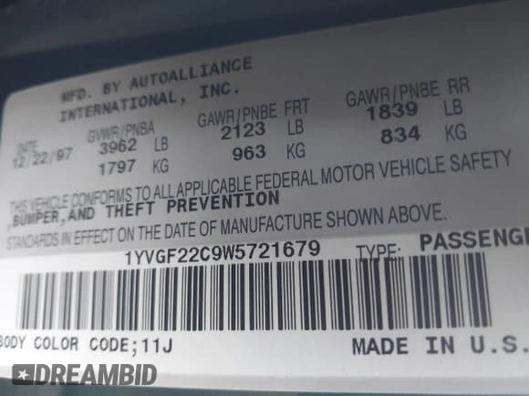 ✅ 1998 Mazda 626 DX • VIN: 1YVGF22C9W5721679 • Лот: 41287224. Опубликован ранее на IAAI с пробегом 134 384 миль. Бесплатный доступ к архиву аукционных продаж из США и подробный отчёт об истории автомобиля на DreamBid. Изображение 9.