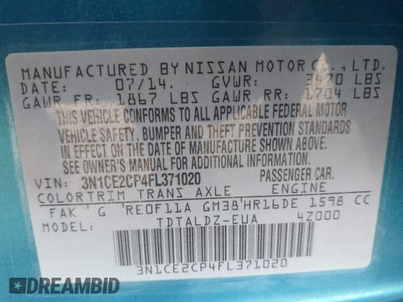 ✅ 2015 Nissan Note S • VIN: 3N1CE2CP4FL371020 • Лот: 42633000. Опубликован ранее на IAAI с пробегом 62 892 миль. Бесплатный доступ к архиву аукционных продаж из США и подробный отчёт об истории автомобиля на DreamBid. Изображение 9.