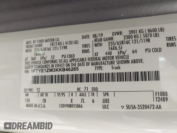 ✅ 2019 Ford Transit • VIN: 1FTYE1ZM3KKB46285 • Lot: 42495117. Listed on IAAI with 234,622 mi. Free auction sales archive from the USA and detailed vehicle history report at DreamBid. Image 9.