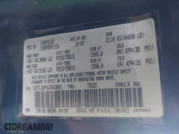 1998 Dodge Dakota с VIN 1B7FL26PXWS563801, выставлен на аукционе IAAI как лот 42764393 с пробегом Не указан миль и . История ставок и продаж доступна на DreamBid. Изображение 9.