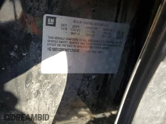 ✅ 2017 Chevrolet Cruze LT • VIN: 1G1BE5SM3H7179248 • Лот: 69470152. Размещён на Copart с пробегом Не указан миль. Получите бесплатный доступ к архиву аукционных продаж из США и посмотрите подробный отчёт об истории автомобиля на DreamBid. Изображение 12.