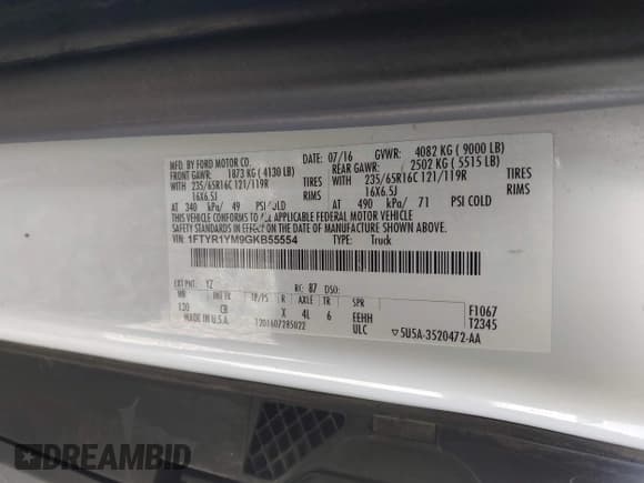 ✅ 2016 Ford Transit Cargo • VIN: 1FTYR1YM9GKB55554 • Lot: 41850417. Wystawiony na IAAI z przebiegiem 69 562 mil. Bezpłatny archiwum sprzedaży aukcyjnych z USA i szczegółowy raport historii pojazdu na DreamBid. Zdjęcie 9.