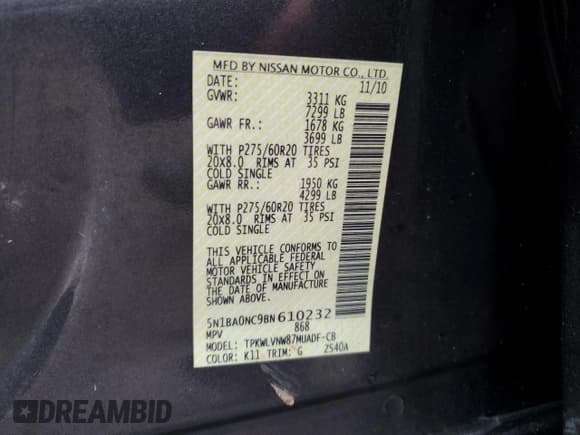 ✅ 2011 Nissan Armada Platinum • VIN: 5N1BA0NC9BN610232 • Lot: 74103584. Wystawiony na Copart z przebiegiem 156 505 mil. Bezpłatny archiwum sprzedaży aukcyjnych z USA i szczegółowy raport historii pojazdu na DreamBid. Zdjęcie 15.