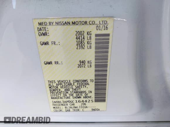 ✅ 2016 Nissan Altima SL • VIN: 1N4BL3AP0GC164425 • Lot: 42175694. Listed on IAAI with 106,255 mi. Free auction sales archive from the USA and detailed vehicle history report at DreamBid. Image 9.