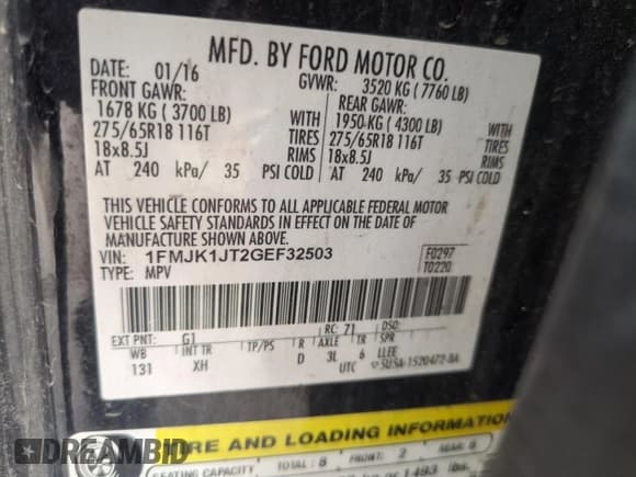 ✅ 2016 Ford Expedition Max XLT • VIN: 1FMJK1JT2GEF32503 • Lot: 53518235. Listed on Copart with 184,726 mi. Free auction sales archive from the USA and detailed vehicle history report at DreamBid. Image 14.