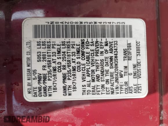 ✅ 2005 Nissan Murano SL • VIN: JN8AZ08W35W434733 • Лот: 42225396. Опубликован ранее на IAAI с пробегом 175 787 миль. Бесплатный доступ к архиву аукционных продаж из США и подробный отчёт об истории автомобиля на DreamBid. Изображение 9.