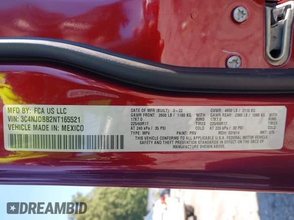 ✅ 2022 Jeep Compass Latitude • VIN: 3C4NJDBB2NT165521 • Lot: 43063261. Wystawiony na IAAI z przebiegiem 100 692 mil. Bezpłatny archiwum sprzedaży aukcyjnych z USA i szczegółowy raport historii pojazdu na DreamBid. Zdjęcie 9.