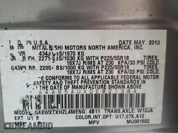 ✅ 2013 Mitsubishi Outlander LE • VIN: 4A4AR5AUXDE021304 • Lot: 67735085. Listed on Copart with 181,055 mi. Free auction sales archive from the USA and detailed vehicle history report at DreamBid. Image 12.