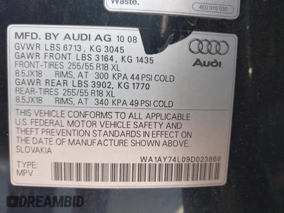 ✅ 2009 Audi Q7 • VIN: WA1AY74L09D023868 • Лот: 41308776. Опубликован ранее на IAAI с пробегом 176 541 миль. Бесплатный доступ к архиву аукционных продаж из США и подробный отчёт об истории автомобиля на DreamBid. Изображение 9.