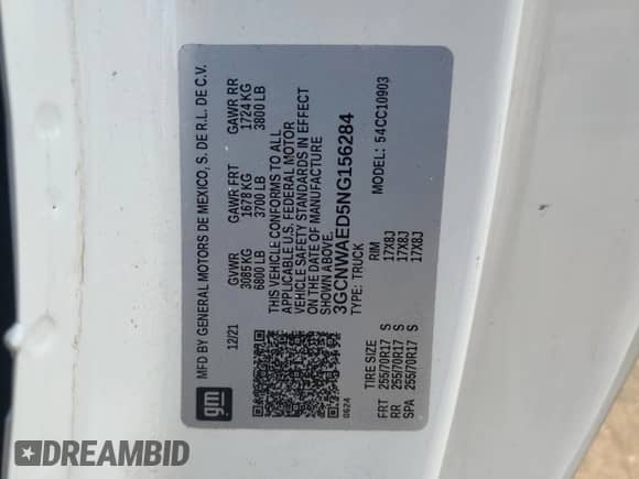 2022 Chevrolet Silverado 1500 Work Truck z VIN 3GCNWAED5NG156284, wystawiony jako Copart lot #53238345 z przebiegiem 44 476 mil mil oraz Szkoda całkowita • Salvage title. Historia ofert i sprzedaży dostępna na DreamBid. Obrazek 12.