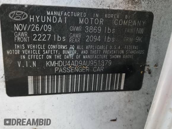 2010 Hyundai Elantra GLS z VIN KMHDU4AD9AU951379, wystawiony jako Copart lot #74606144 z przebiegiem 198 205 mil mil oraz Nie do naprawy • Non repairable. Historia ofert i sprzedaży dostępna na DreamBid. Obrazek 13.