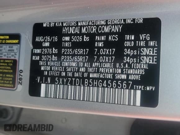 ✅ 2017 Hyundai Santa Fe 2.4L • VIN: 5XYZTDLB5HG456567 • Лот: 58209054. Опубликован ранее на Copart с пробегом 113 289 миль. Бесплатный доступ к архиву аукционных продаж из США и подробный отчёт об истории автомобиля на DreamBid. Изображение 14.