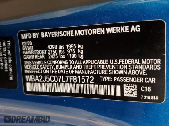 ✅ 2020 BMW 2 Series M240i • VIN: WBA2J5C07L7F81572 • Lot: 72410123. Listed on Copart with 19,275 mi. Free auction sales archive from the USA and detailed vehicle history report at DreamBid. Image 12.