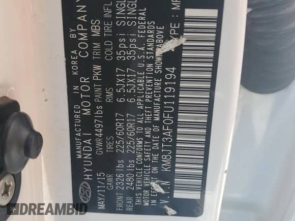 2015 Hyundai Tucson GLS with VIN KM8JT3AF0FU119194, listed as a Copart auction lot 55846434 with 176,810 mi miles and Salvage title. Bid and sale history available at DreamBid. Image 12.