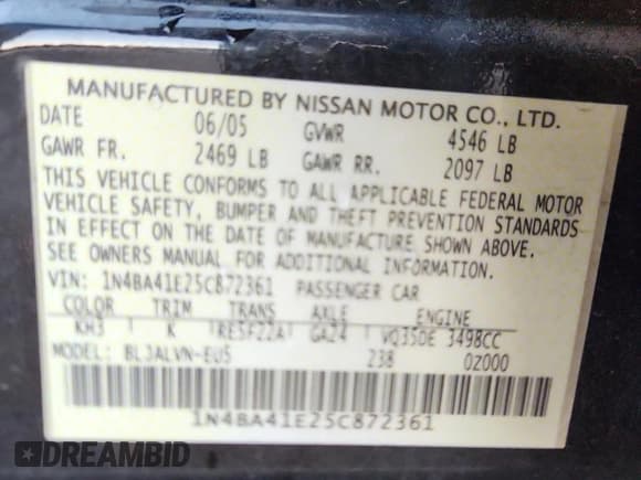 ✅ 2005 Nissan Maxima SL • VIN: 1N4BA41E25C872361 • Лот: 91106165. Опубликован ранее на Copart с пробегом 141 114 миль. Бесплатный доступ к архиву аукционных продаж из США и подробный отчёт об истории автомобиля на DreamBid. Изображение 12.