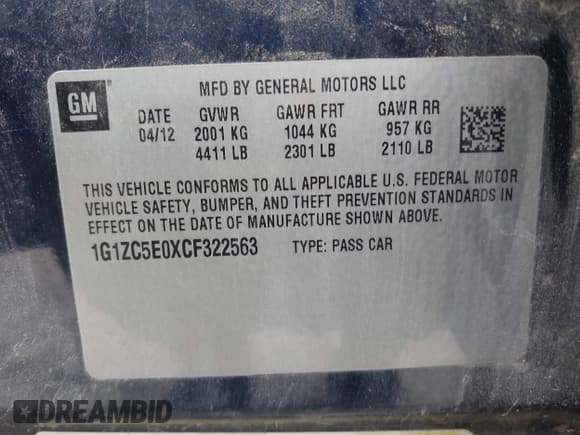 ✅ 2012 Chevrolet Malibu 1LT • VIN: 1G1ZC5E0XCF322563 • Lot: 39727617. Listed on IAAI with 129,179 mi. Free auction sales archive from the USA and detailed vehicle history report at DreamBid. Image 9.