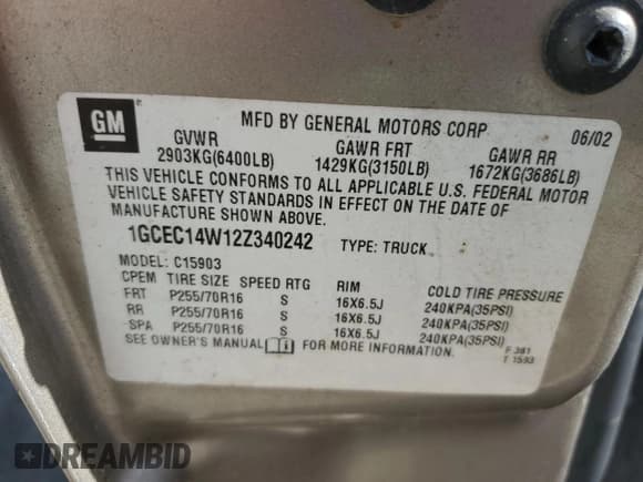 ✅ 2002 Chevrolet Silverado 1500 • VIN: 1GCEC14W12Z340242 • Лот: 77856764. Опубликован ранее на Copart с пробегом 272 578 миль. Бесплатный доступ к архиву аукционных продаж из США и подробный отчёт об истории автомобиля на DreamBid. Изображение 12.