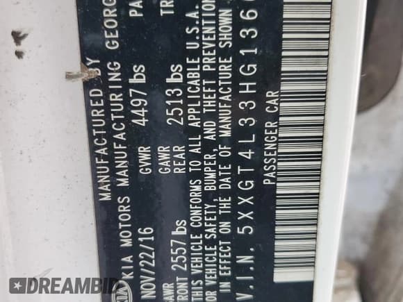 ✅ 2017 Kia Optima LX • VIN: 5XXGT4L33HG136636 • Lot: 58755215. Listed on Copart with 185,284 mi. Free auction sales archive from the USA and detailed vehicle history report at DreamBid. Image 13.