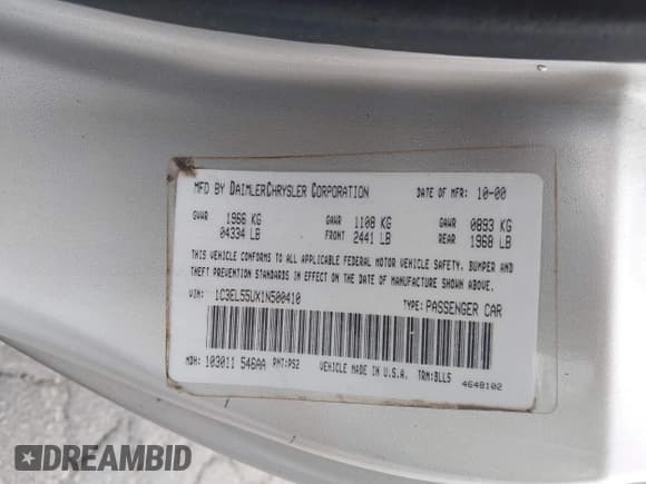 ✅ 2001 Chrysler Sebring LXi • VIN: 1C3EL55UX1N500410 • Lot: 43335218. Wystawiony na IAAI z przebiegiem 274 498 mil. Bezpłatny archiwum sprzedaży aukcyjnych z USA i szczegółowy raport historii pojazdu na DreamBid. Zdjęcie 9.