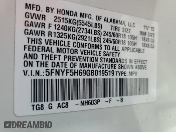 ✅ 2016 Honda Pilot EX-L • VIN: 5FNYF5H69GB019519 • Лот: 69655415. Опубликован ранее на Copart с пробегом 153 826 миль. Бесплатный доступ к архиву аукционных продаж из США и подробный отчёт об истории автомобиля на DreamBid. Изображение 13.