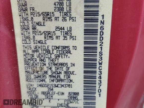 ✅ 1998 Nissan Frontier XE • VIN: 1N6DD21S3WC343701 • Lot: 85781925. Listed on Copart with 287,967 mi. Free auction sales archive from the USA and detailed vehicle history report at DreamBid. Image 12.