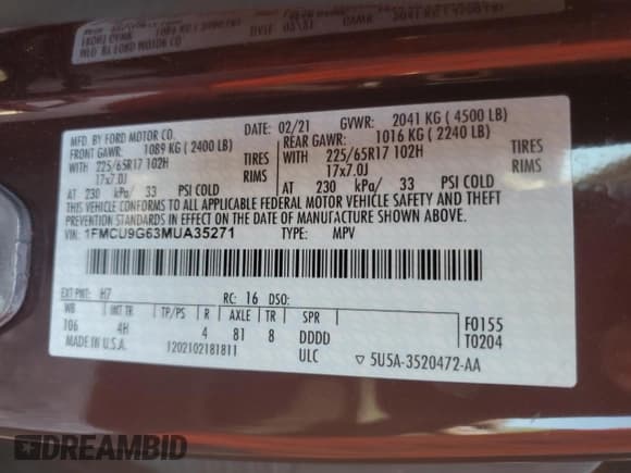 ✅ 2021 Ford Escape SE • VIN: 1FMCU9G63MUA35271 • Лот: 89822025. Опубликован ранее на Copart с пробегом 31 878 миль. Бесплатный доступ к архиву аукционных продаж из США и подробный отчёт об истории автомобиля на DreamBid. Изображение 13.