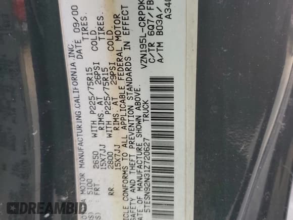 ✅ 2001 Toyota Tacoma PreRunner • VIN: 5TESN92N31Z720627 • Lot: 84182865. Wystawiony na Copart z przebiegiem 223 634 mil. Bezpłatny archiwum sprzedaży aukcyjnych z USA i szczegółowy raport historii pojazdu na DreamBid. Zdjęcie 13.