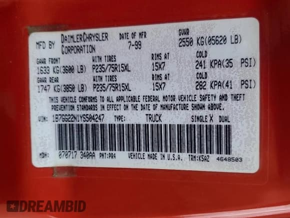 ✅ 2000 Dodge Dakota Sport • VIN: 1B7GG22N1YS504247 • Lot: 84148404. Wystawiony na Copart z przebiegiem Nie podano. Bezpłatny archiwum sprzedaży aukcyjnych z USA i szczegółowy raport historii pojazdu na DreamBid. Zdjęcie 13.