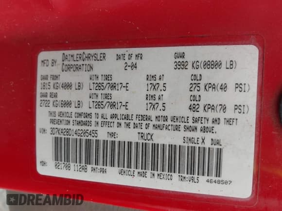 ✅ 2004 Dodge 2500 ST • VIN: 3D7KA28D14G205455 • Lot: 42435374. Wystawiony na IAAI z przebiegiem 220 115 mil. Bezpłatny archiwum sprzedaży aukcyjnych z USA i szczegółowy raport historii pojazdu na DreamBid. Zdjęcie 9.