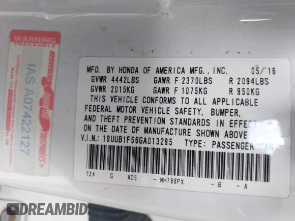 ✅ 2016 Acura TLX Technology • VIN: 19UUB1F56GA013295 • Lot: 42011330. Listed on IAAI with 98,256 mi. Free auction sales archive from the USA and detailed vehicle history report at DreamBid. Image 9.